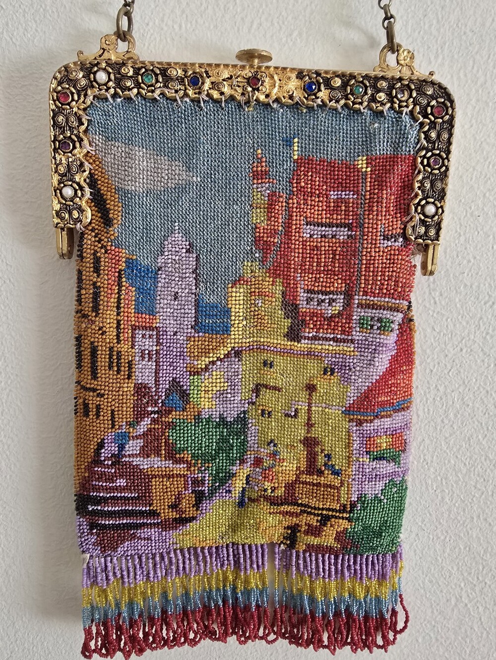 Antique Micro Beaded Cityscape Fringed Handbag Purse 1920s